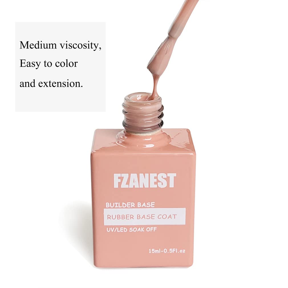 FZANEST Nude Rubber Nail Base Gel Polish, Builder Bottle Nail Strengthener Self-level Extension Fiber Gel, UV LED Base Coat