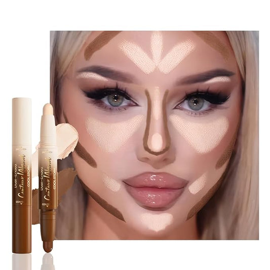 Dual-Ended 2-in-1 Cream Contour & Highlighter Stick – Waterproof, Long-Lasting for Face & Body Makeup, Suitable for All Skin Tones, 01#Nuetral Nude + Beige