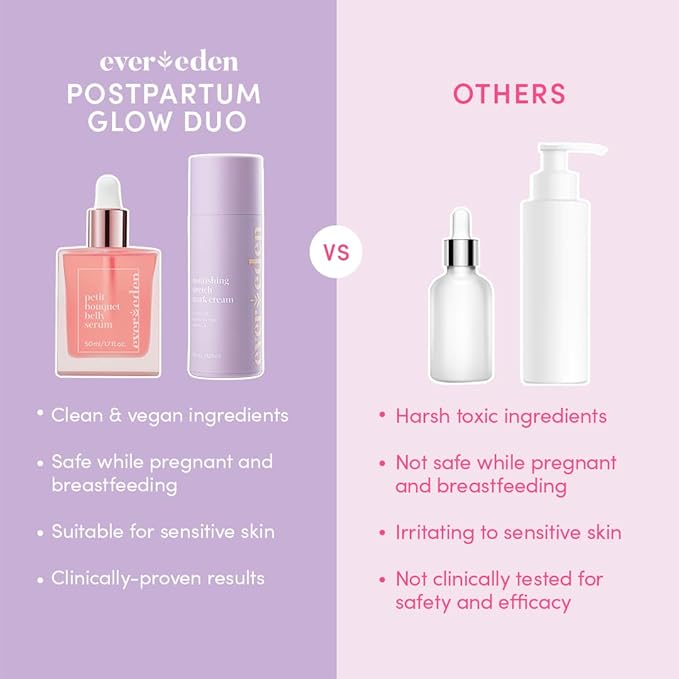 Evereden Postpartum Glow Duo - Petit Bouquet Belly Oil & Nourishing Stretch Mark Cream - Dermatologist-Developed Clean & Vegan Maternity Skincare Postpartum Gifts for New Mom - Stretch Mark Reduction