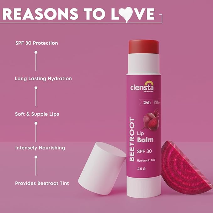 Clensta Beetroot SPF 30 Tinted Lip Balm | Hydrating & Moisturizing Lip Care with Hyaluronic Acid | Broad Spectrum Lip Sunscreen | 4.5g