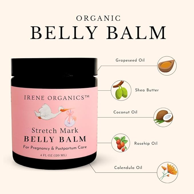 Organic Belly Butter for Pregnancy Stretch Mark Prevention and Treatment by Irene Organics - Award Winning Anti Stretch Mark Tummy Balm For Pregnancy and Postpartum 4oz - Hydrating Bump Cream