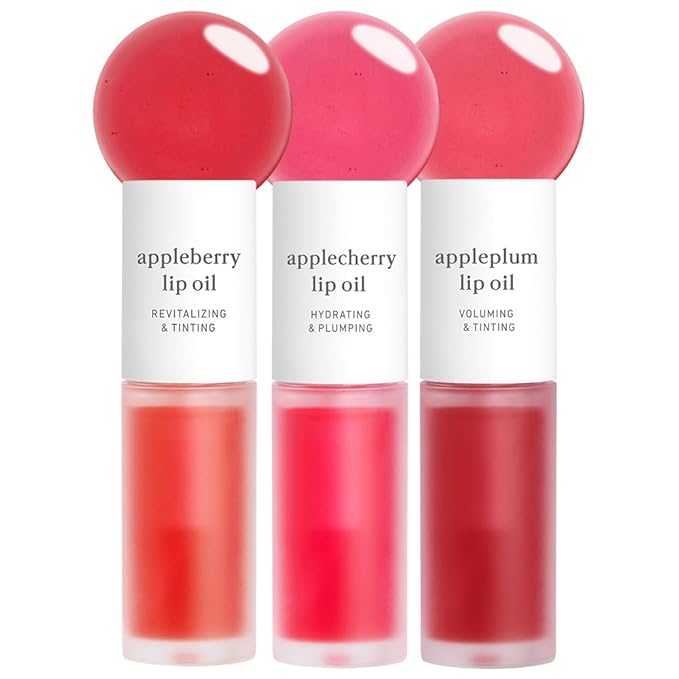 NOONI Vegan Appleseed Lip Oil Set - Appleberry & Applecherry & Appleplum | Long-Lasting, Moisturizing, Plumping, Revitalizing for Dry Lips, Waterproof, No Peel Off, 0.12 FL Oz x 3ea