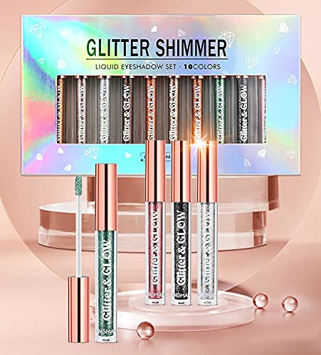 BestLand 10 Colors Liquid Glitter Eyeshadow Set, Metallic Glitter Shimmer Naked Smokey Eye Looks Waterproof Long Lasting Quick-Drying Sparkling Eye Shadow Christmas Makeup Kits