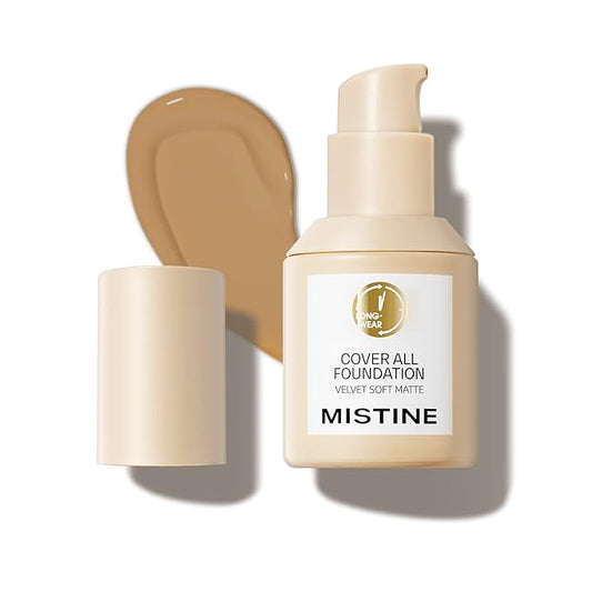 MISTINE Liquid Foundation Makeup Full Coverage Foundation for Oily Skin,24 Hour Oil Control Makeup Foundation,Skin-Caring,Moisturizing Formula,Waterproof Foundation,Matte Finish,Satin,1 Fl Oz