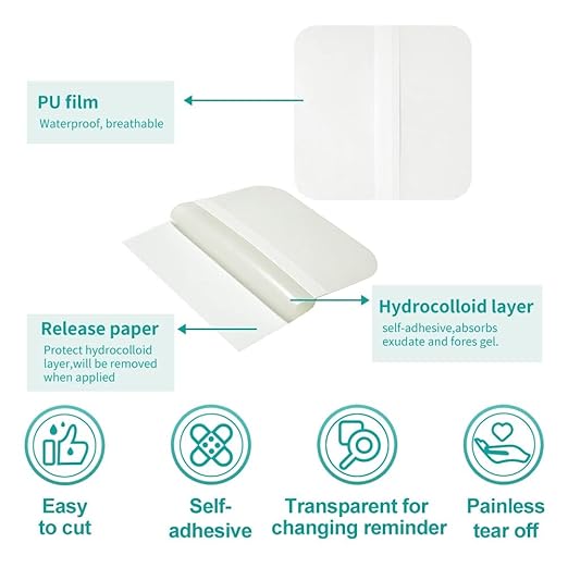 Dimora Hydrocolloid Dressing 4" x 4" for Wound Care, 10 Pack Large Patch Bandages with Self-Adhesive for Bedsore, Burn, Blister, Acne Care, Super Absorbent for Fast Healing