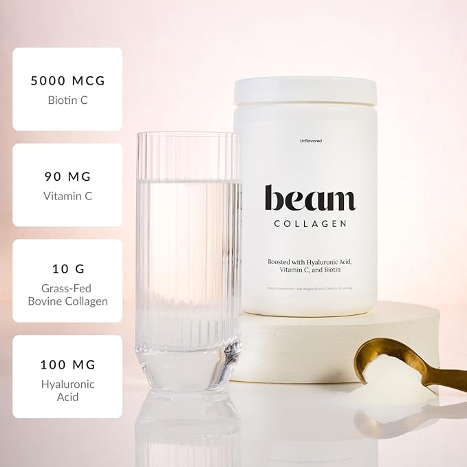 Beam Collagen Powder, Collagen for Women, Collagen with Hyaluronic Acid, Collagen Peptides Type 1 and 3, with Biotin, Grass Fed Bovine, Third-Party Tested, Best for Coffee, Vitamin C, 60 Servings
