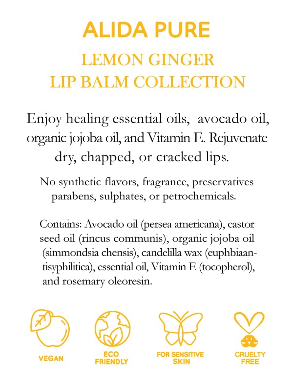 Lemon Ginger Lip Balm Collection, Vegan Lip Balm Set, Bees Wax Free, with Avocado Oil, Organic Jojoba Oil, Vitamin E, Natural Moisturizer For Dry, Cracked, or Chapped Lips, 3 Tube Set