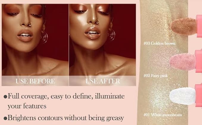 Glitter Powder Highlighter Makeup, Body Brightens the Natural Three-Dimensional Face Blusher Fairy Highlight Patting Powder. (03# Golden Brown)