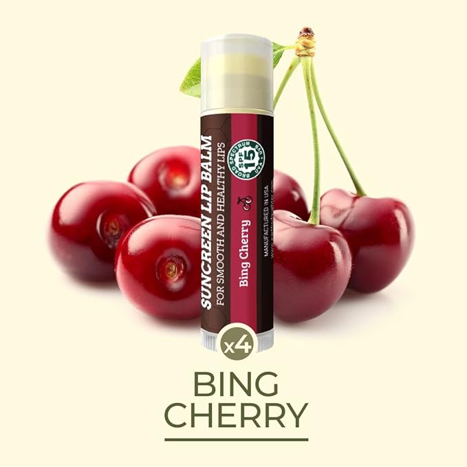 SPF Lip Balm 4-Pack by Earth's Daughter - Lip Sunscreen, SPF 15, Organic Ingredients, Cherry Flavor, Beeswax, Coconut Oil, Vitamin E - Hypoallergenic, Paraben Free, Gluten Free