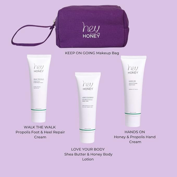 Hey Honey 4pc Set: Love Your Body Lotion, Walk The Walk Foot Cream, Hands On Honey Hand Cream, Eco Makeup Bag. Perfect for Valentine's, Xmas, Birthdays