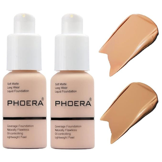 2 Pack PHOERA Foundation,Matte Oil Control Concealer Foundation Cream,PHOERA Long Lasting Waterproof Matte Liquid Foundation for Women Girls (104 Buff Beige+105 Sand)