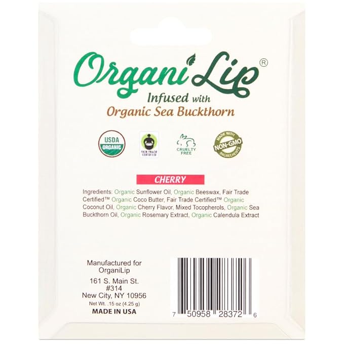 OrganiLip USDA Certified Organic Lip Balm for Nourishing Cracked or Dry Lips - All-Day Ultra Moisturizing Lip Care in Oval Shaped Tubes - 3-Pack (Cherry)