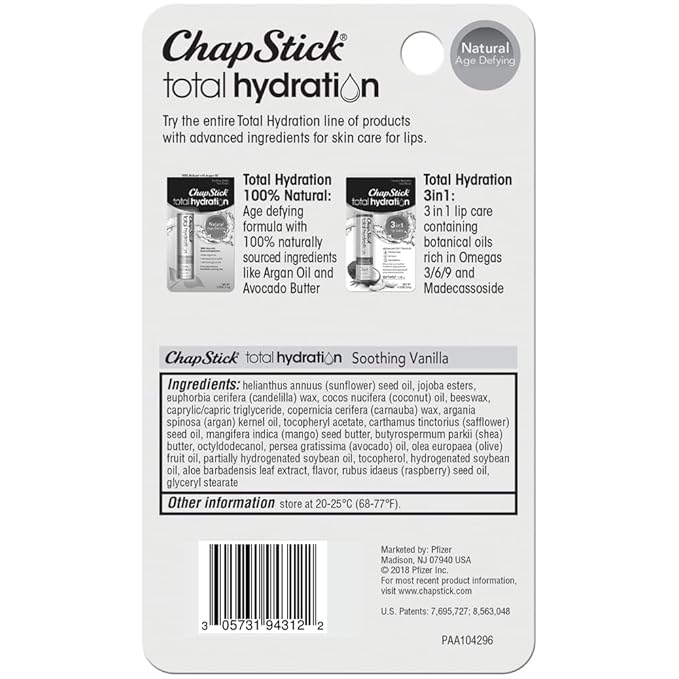 ChapStick Total Hydration Soothing Vanilla Moisturizing Lip Balm Tube, Lip Care with Argan Oil - 0.12 Oz