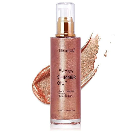 Liyalan Shimmer Body Oil Rose Gold 5 Color Bronze Face Glow Pearl Highlighter Illuminator body Makeup Shine Glitter Gold Liquid Taning 3.38 Fl Oz
