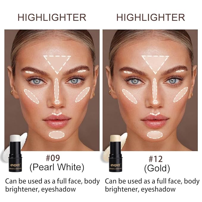 evpct 2Pcs Face Cream Makeup Highlighter Highlight Contour Stick Pearl White & Gold Glitter Contouring Highlighter Makeup Stick and Contour Illuminator Highly Piamented Long Lasting Skin Brighten 9+12