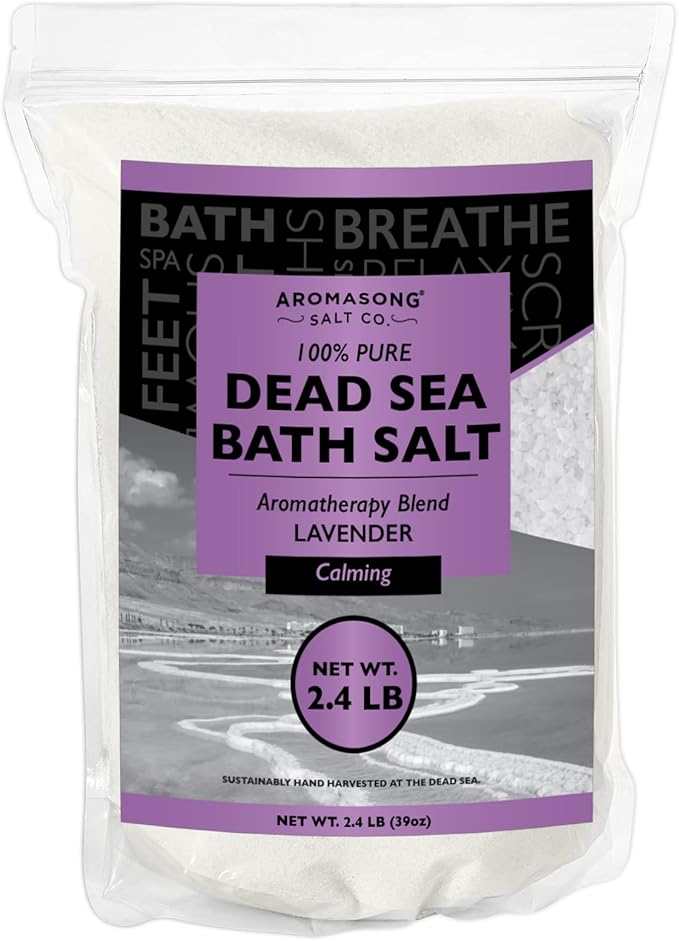 Aromasong Pure Dead Sea Salt for Soaking with 100% Natural Lavender, 2.43 LB - Spa Bath Salt Fine Grain - Body Wash Scrub - Soak for Women & Men- Bulk Resealable Pack