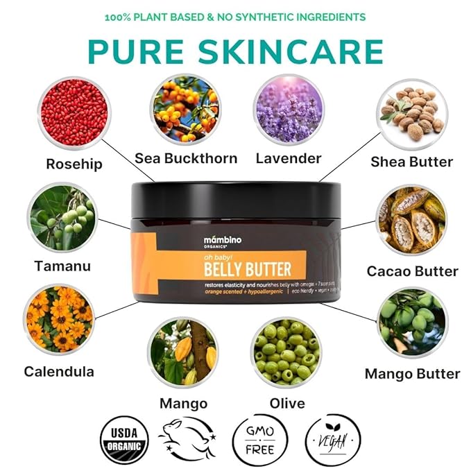 Oh Baby! Belly Butter – Organic Stretch Mark Cream for Pregnancy with Dutch Shea & Cocoa Butter – Vitamins, Omegas for Elasticity – Vegan Cruelty-Free Maternity Care by Mambino Organics, 2.5 fl oz