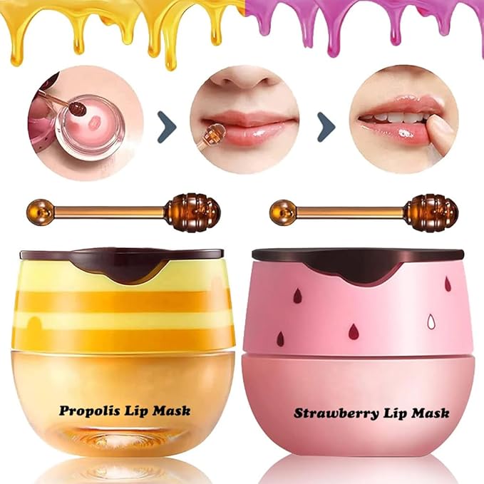 3Pcs Honey Lip Balm Honey Pot, Strawberry& Apple Lime Lip Mask Overnight Propolis Moisturizing Lip Balm Hydrating Prevention Dry and Crack Lip Scrubs Exfoliator, Beeswax with Vitamin E