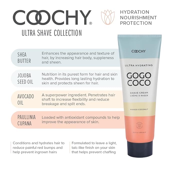 Coochy Ultra Hydrating Shaving Cream | Prevents Irritation, Bumps & Dry Skin | Doubles as Hair Conditioner | Coconut Oil, Tea Tree Oil, Jojoba Oil, Shea Butter & Aloe Vera | Mango Coconut 8.5oz/250mL