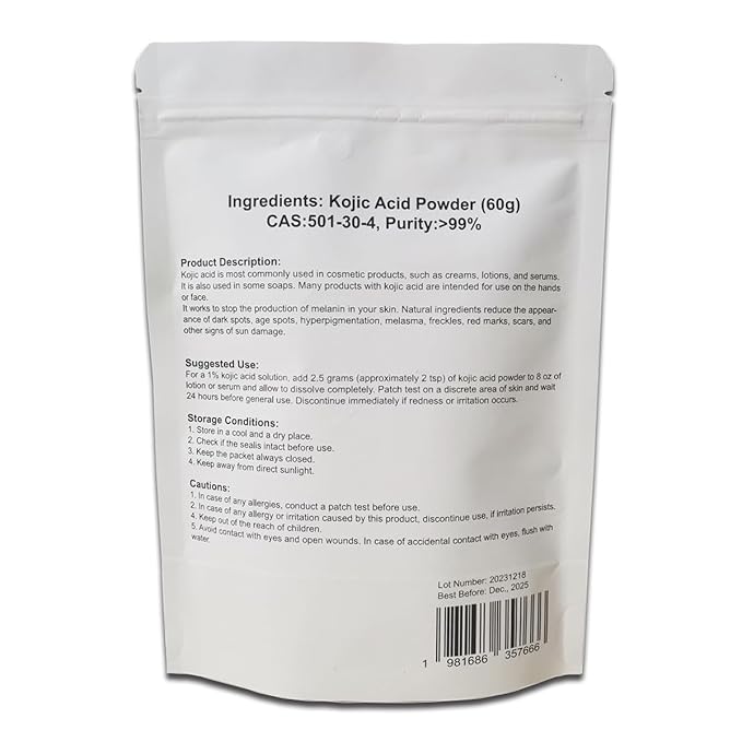 MAYKER Pure Kojic Acid Powder 2.1oz (60gram), Skin Whitening Lightening, Natural and Organic, High Purity 99.9%, Diminishes the Appearance of Dark Spots, Freckles & Scars, for DIY Soaps, Creams