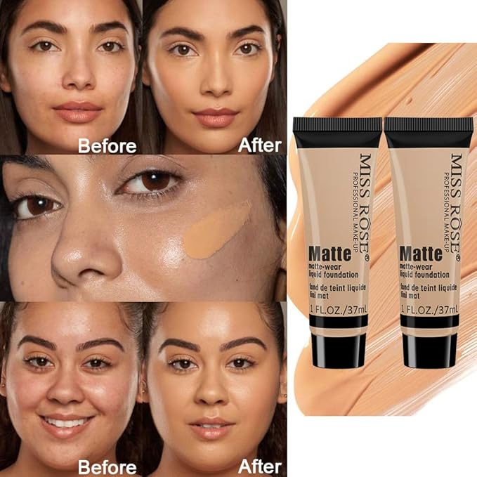 2 Pack Liquid Foundation Cream for Face Makeup,Durable Full Coverage Matte Concealer Make Up,Oil Control & Waterproof Base Primer -1+1 Fl.Oz (BEIGE 7#)