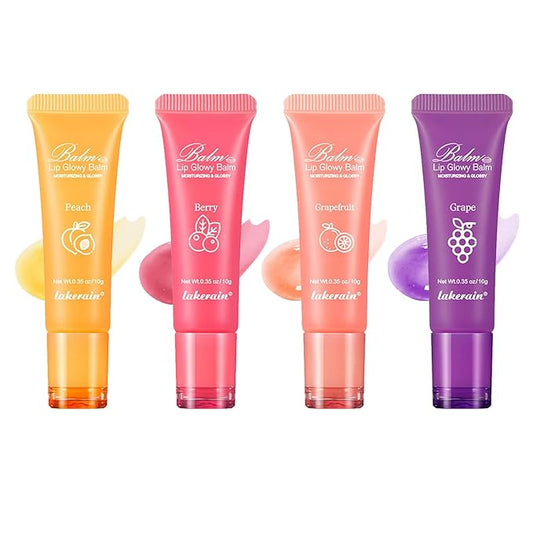 Lip Glowy Balm,4 Pack Fruit Glowy Lip Balm,Vitamin E Lip Glowy Balm Set Reduce Lip Lines, Enhance Lip Color,Moisturizing & Plump Quickly Replenishing Moisture and Relieving Dry Lips