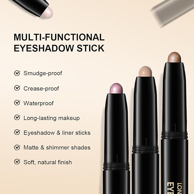 Eyeshadow Stick, Shimmer and Matte Cream Eye Shadow Brightener Sticks Eyeliner Pencil Crayon, Waterproof Long Lasting Eye Highlighter Stick Makeup,0.056 Oz(2PCS #8-Fancy+#9-Champagne)