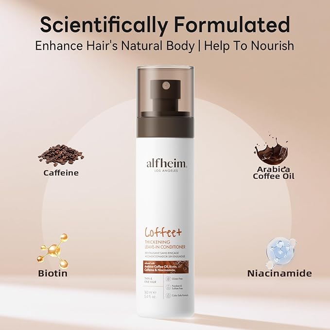 ALFHEIM Coffee+ Thickening Leave-In Conditioner | Biotin & Caffeine for Hair Growth & Strength | Lightweight, Nourishing & Volumizing Spray | Sulfate-Free, Paraben-Free | 5.4 oz