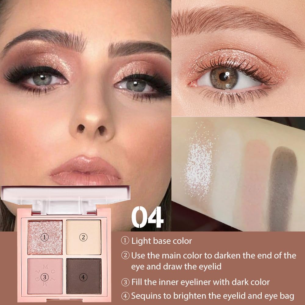 4Colors Eyeshadow Makeup Palette,Rose Gold Brown Natural Neutral Powde Eye Shadow Palette for Older Women,Long Lasting Naturing-Looking,Lightweight,Waterproof,Eye Makeup Kit Travel Size