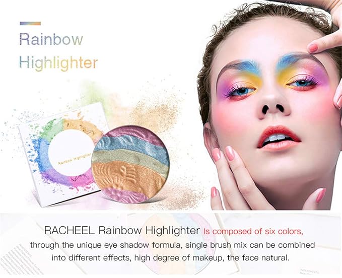Pro 6 Colors 3D Baked Rainbow Highlighter Eyeshadow Makeup Palette Xmas Cosmetic Blusher Shimmer Powder Contouring Kit Unicorn Blush