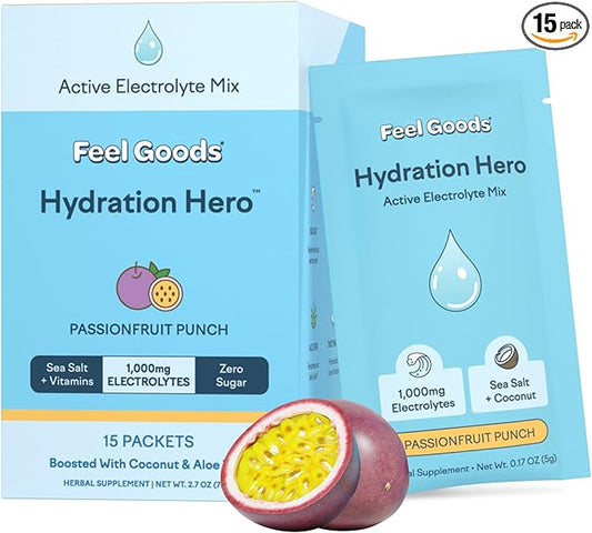 Feel Goods Hydration Hero, 1,000mg Electrolytes Powder, Sugar Free, Magnesium, Organic Aloe Vera, L Theanine, Vitamin C & B12, Keto, Vegan, Electrolyte Packets, Passion Fruit Punch, 15 Count