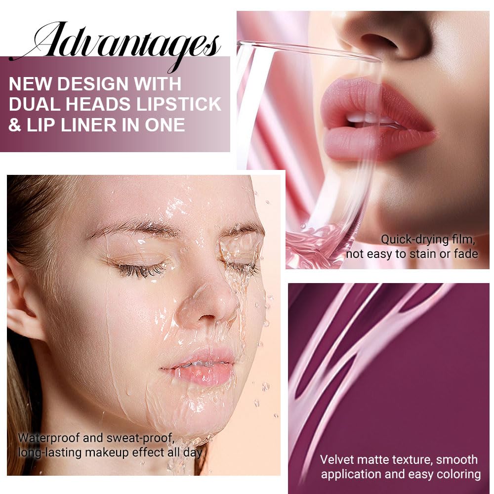 evpct 1Pcs Dark Plum Purple Matte Lip Liner and Liquid Lipstick Stain Makeup Set for women, Plum Red Long Lasting Smudge Proof Lipstick labiales matte mate larga duracion listip 24 hours originales,18