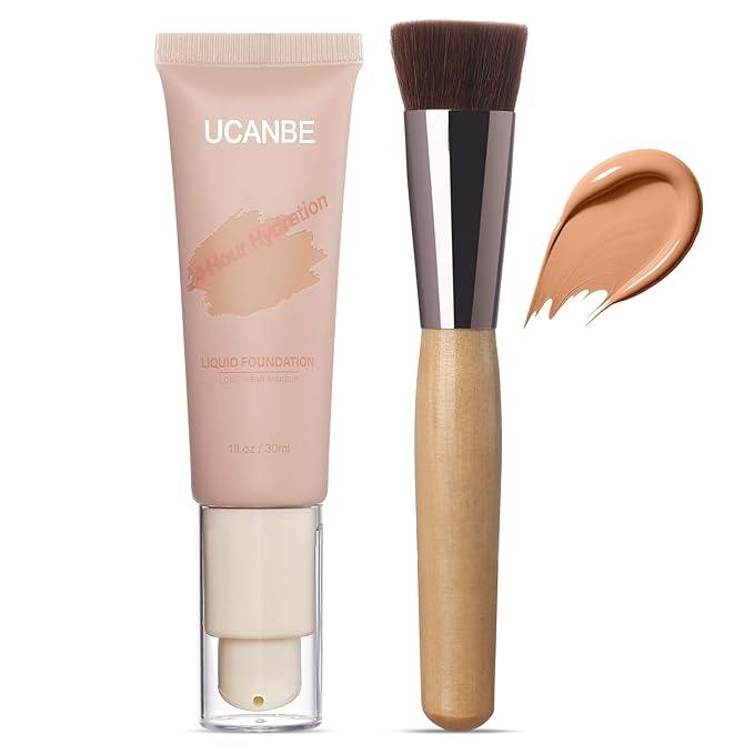UCANBE Matte Liquid Foundation with Brush, Skincare Serum Foundation Face Makeup with Hyaluronic Acid, Medium to Full Coverage Waterproof Oil Control Longwear, for Mature Skin, Nude Beige, 1 fl. oz.