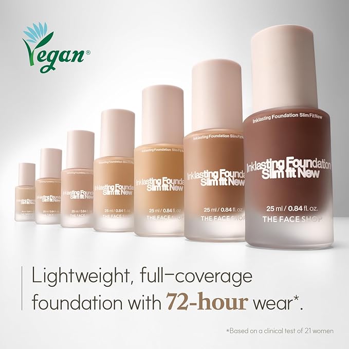 THE FACE SHOP Ink Lasting Liquid Foundation, Full Coverage, 72‑Hour Wear Semi‑Matte Finish, Makeup with Bakuchiol, W330 Amber, 0.84 Fl. Oz.