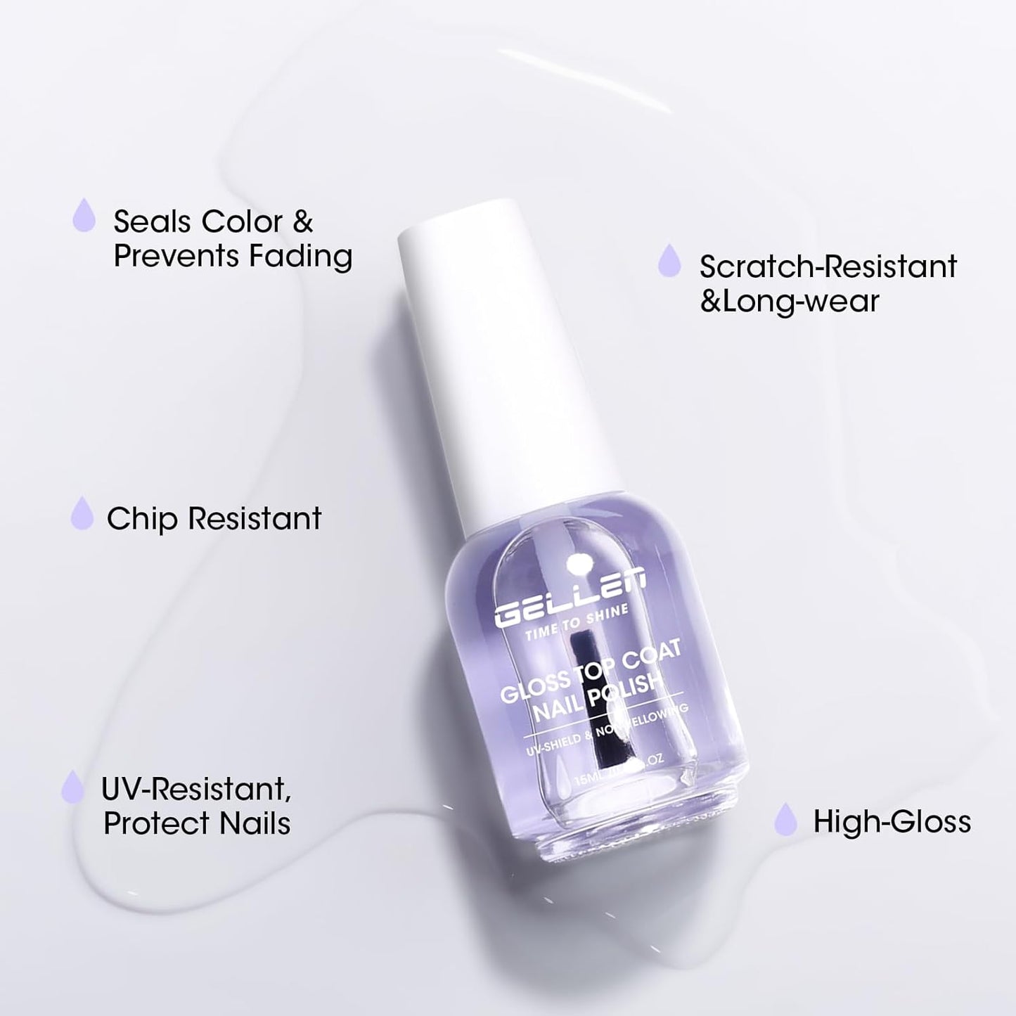 GELLEN Clear Nail Polish Top Coat, High Gloss Shine Top Coat Quick Air Dry UV-Resistant, Long Wear and Scratch Resistant, Chip Resistant, Protects Color & Nails, Non UV Gel, Hema Free, Non-toxic