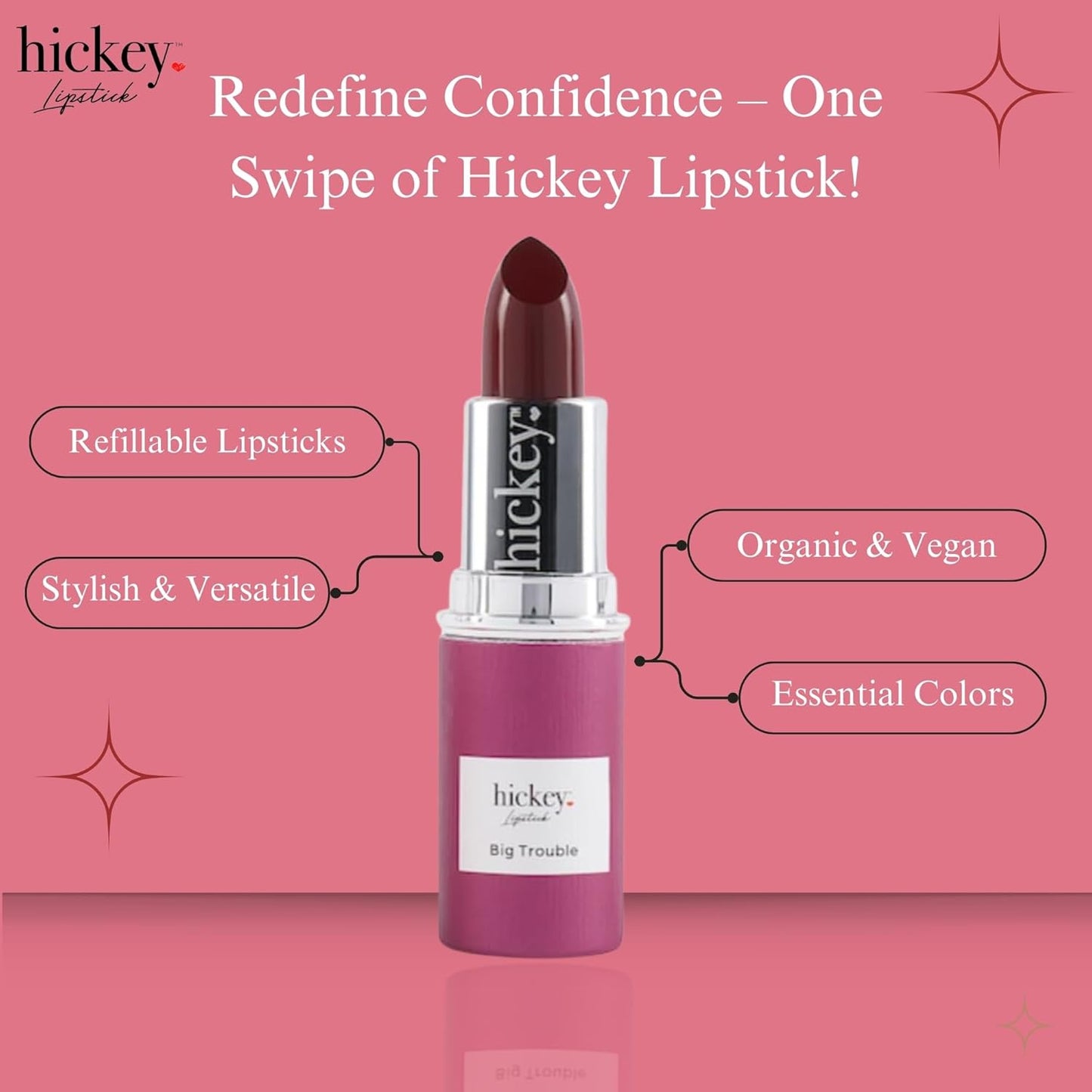 Hickey Lipstick Big Trouble Berry Wine Lipstick Refill - Hydrating & Moisturizing Shade, Lip Color for Women, Berry Lipstick Long Lasting, Gluten-Free & Vegan with Highly Pigmented