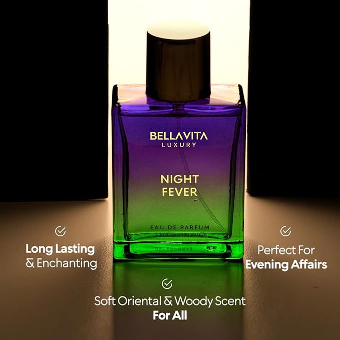 BELLAVITA Luxury NIGHT FEVER Perfume for Women and Men | Notes of Bergamot Mandarin, Peach, Musk & Vanilla | Long Lasting Eau De Parfum for Man and Woman | Fruity Premium Unisex Fragrance Scent