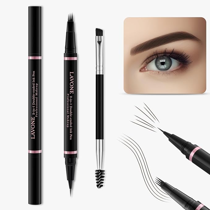 LAVONE Eyebrow Pencil Makeup Kit, with Waterproof 2-IN-1 Microblading Eyebrow Pen, Eyebrow Pomade, Eyeliner and Dual-ended Eyebrow Brush, Brow Pencil Kit for Natural Eyebrows - Chocolate