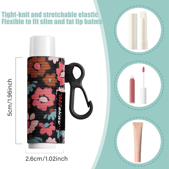 3PCS Lip Balm Holder Lip Gloss Sleeves Keychain Lipstick Holder Keychain Chapstick Elastic Sleeves Bulk(Green Print Flower X3)