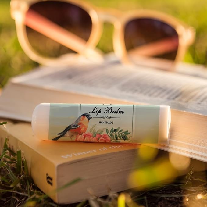 OLYCRAFT 100Pcs Self-Adhesive Lip Balm Tag Stickers 1.7x2.1 inch Waterproof Adhesive Label with Bird Patterns Rectangle Lipstick Tag Sticker for Lip Balm Container Tubes Lipstick Wrapping Decoration