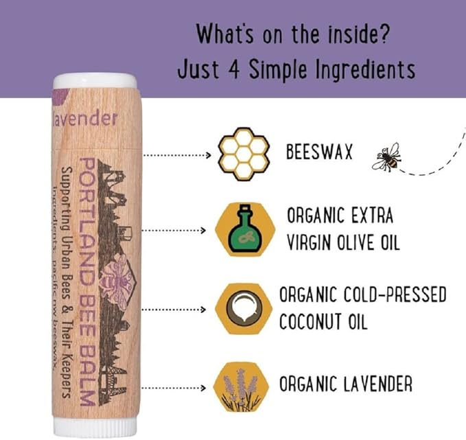 Portland Bee Balm All Natural Handmade Beeswax Based Lip Balm, Lavender 3 Count
