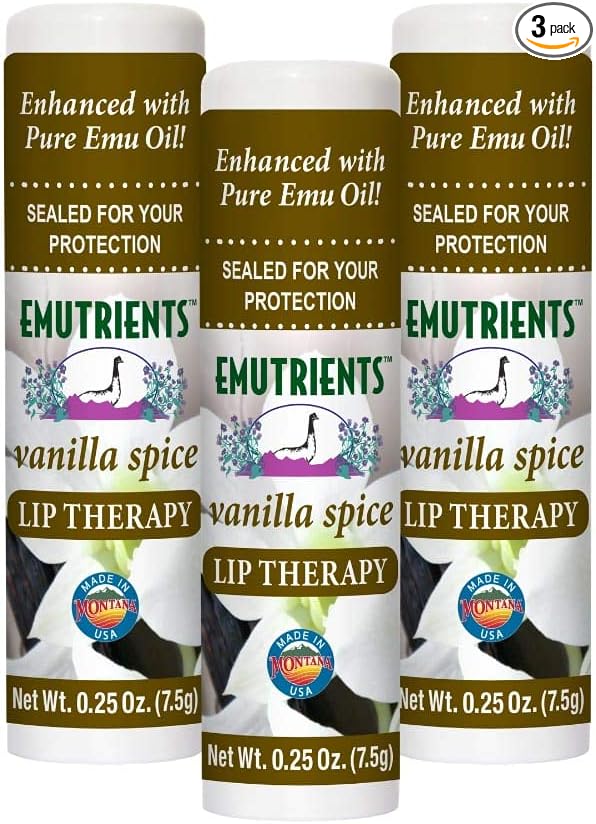 Montana Emu Ranch - Lip Therapy Lip Balm - 0.25 Ounce - Vanilla Spice Flavor - 3 Pack - Made with Pure Emu Oil