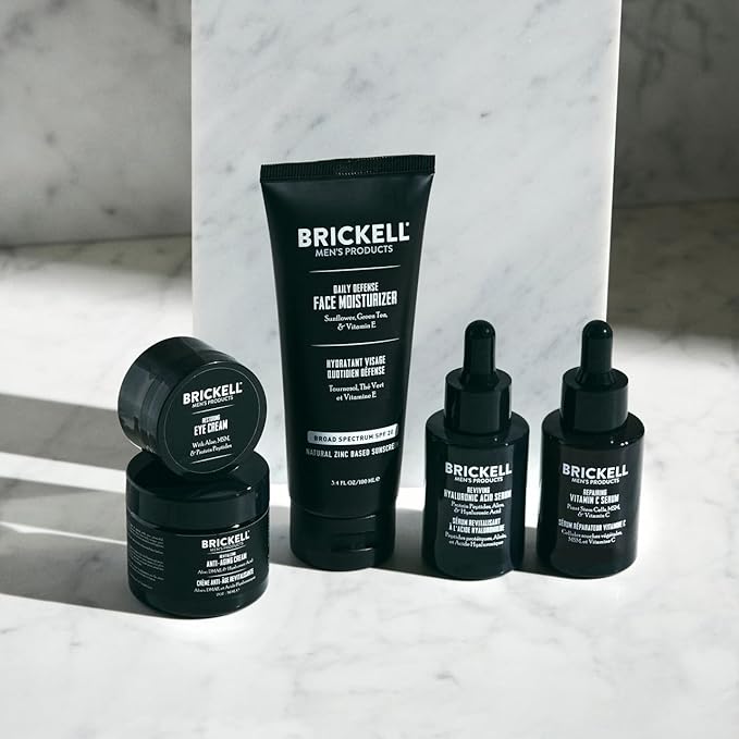 Brickell Men's Complete Defense Anti Aging Routine, Night Face Cream, Vitamin C Day and Night Serum, Facial Moisturizer w/SPF and Eye Cream, Natural and Organic, Scented, Skin Care Gift Set