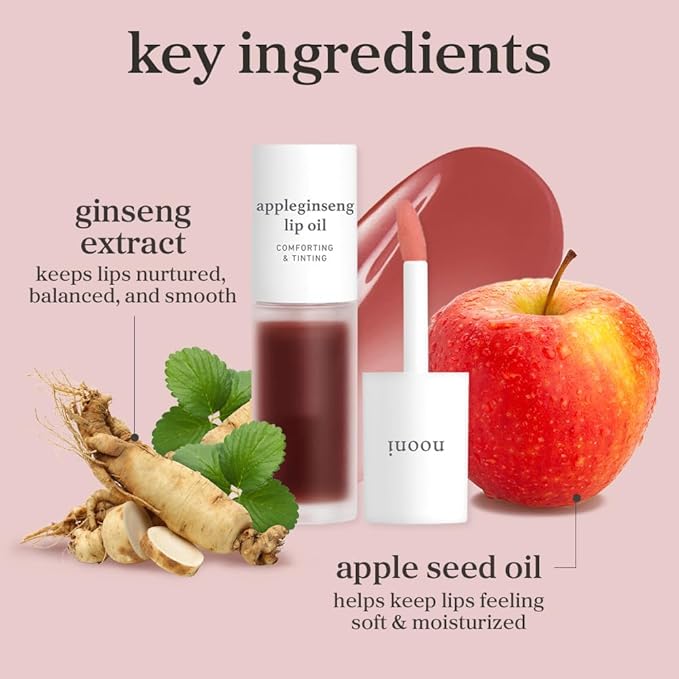 NOONI Korean Lip Oil - Appleginseng | Lip Stain, Gift, Long-Lasting, Moisturizing, Plumping, Revitalizing for Dry Lips, Waterproof, No Peel Off, Korean Lip Tint 0.12 Fl Oz