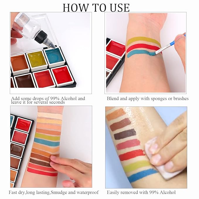 Depvision SFX 12 Color Flesh Tone Alcohol Activated Makeup Palette for Special Effects,Waterproof Skin Tone FX Makeup for Professional Makeup Artists Cosplay Halloween Theatrical Makeup