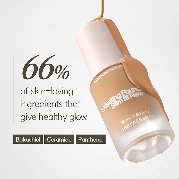 THE FACE SHOP Ink Lasting Liquid Foundation, Full Coverage, 72‑Hour Wear Semi‑Matte Finish, Makeup with Bakuchiol, W330 Amber, 0.84 Fl. Oz.