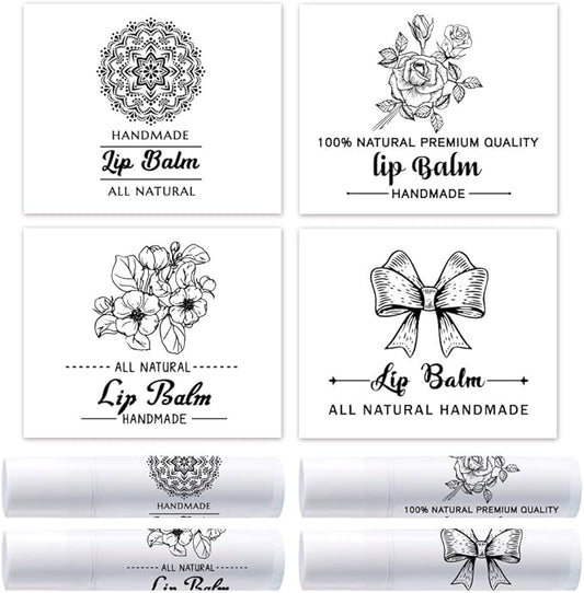 OLYCRAFT 100Pcs Self-Adhesive Lip Balm Tag Stickers 1.7x2.1 inch Adhesive Label with 4 Styles Patterns Rectangle Lipstick Tag Sticker for Lip Balm Container Tubes Lipstick Wrapping Decoration