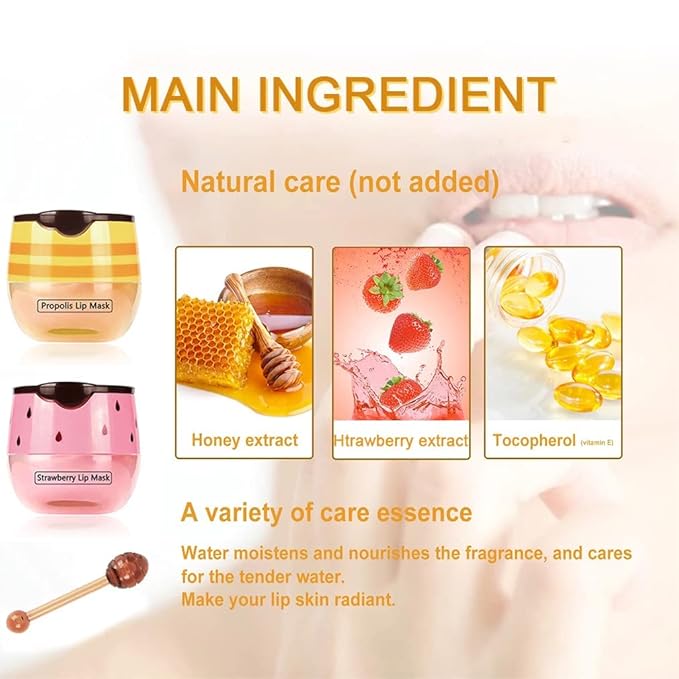 4 PCS Bee Lip Mask Balm Honey Pot, Strawberry & Honey Lip Masks Hydrating Prevention Dry and Cracked Lip Scrubs Exfoliator, Lip Exfoliating Sleeping Lip Mask, Moisturizing Lip Reduces Lip Lines