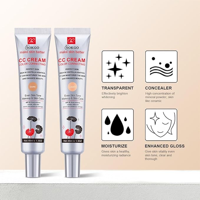 Color Correcting CC Cream with Centella Asiatica, Full-Coverage Foundation, Color Correcting Cream with SPF 25, Even Skin Tone, Hydrating Cream (light color, Large)