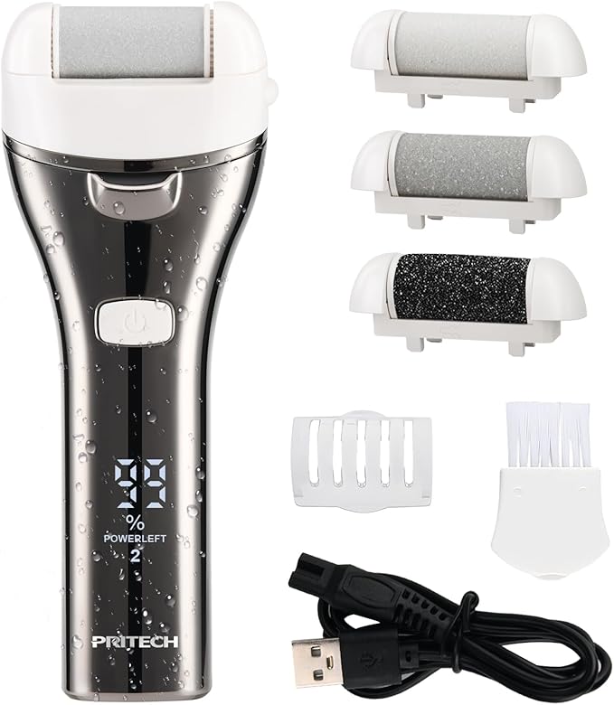 Electric Foot Callus Remover, Rechargeable Portable Electronic Foot File Pedicure Kits, 3 Roller Heads, 3 Speed, Battery Display for Remove Cracked Heels Calluses and Dead Skin